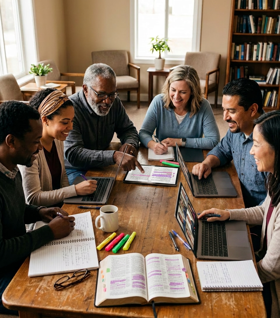 Six adults sitting around a table reading and discussing Bibles with notebooks and highlighters